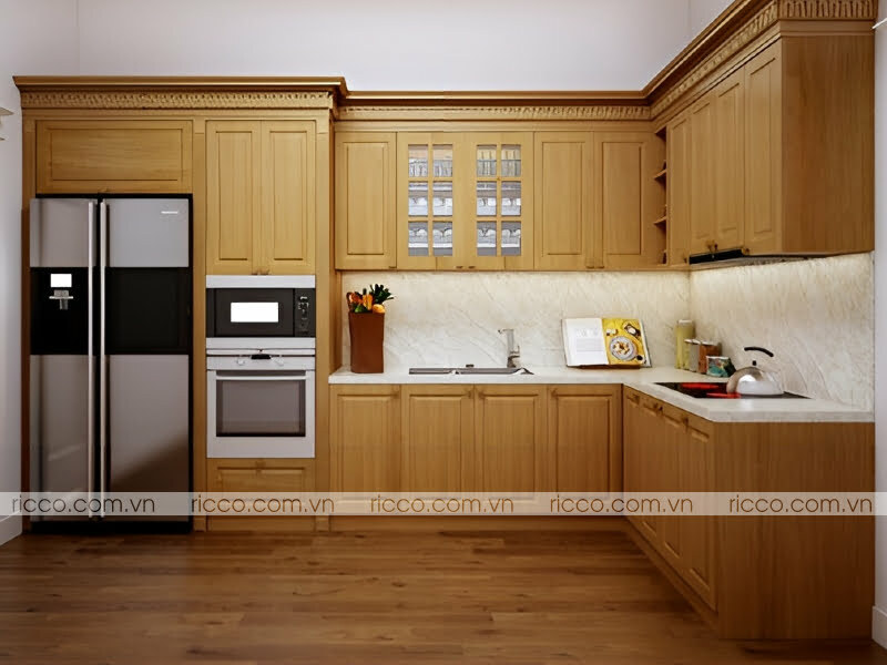 tủ bếp hình chữ l làm bằng gỗ tự nhiên có độ bền cao