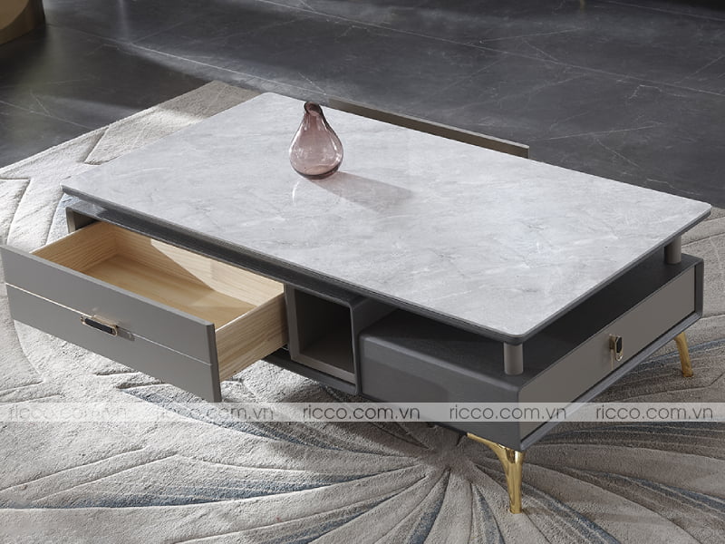 bàn trà mặt đá phiến hình chữ nhật với nhiều ngăn nhỏ đựng đồ đạc