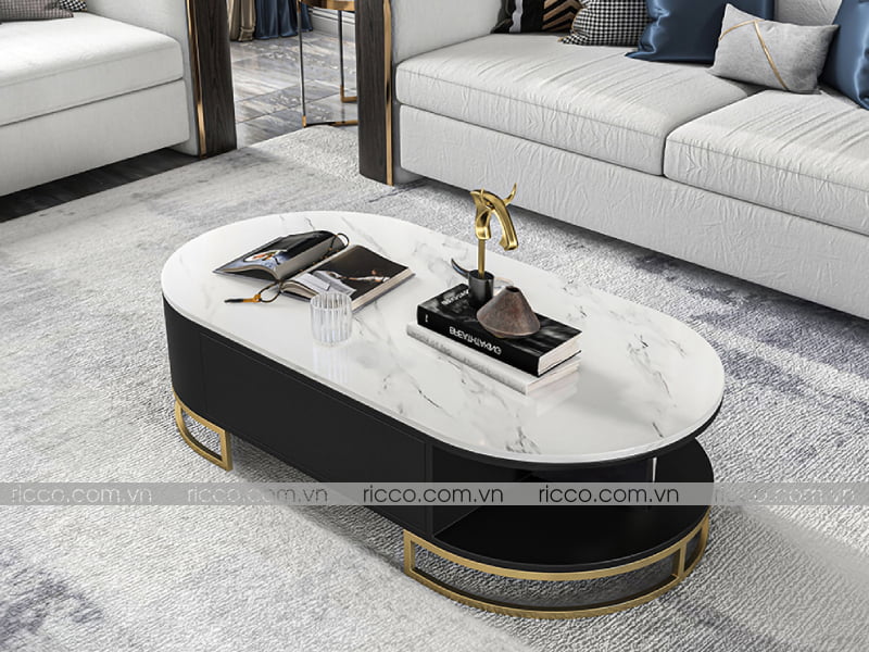mẫu bàn trà mặt đá hình oval chân inox mạ vàng