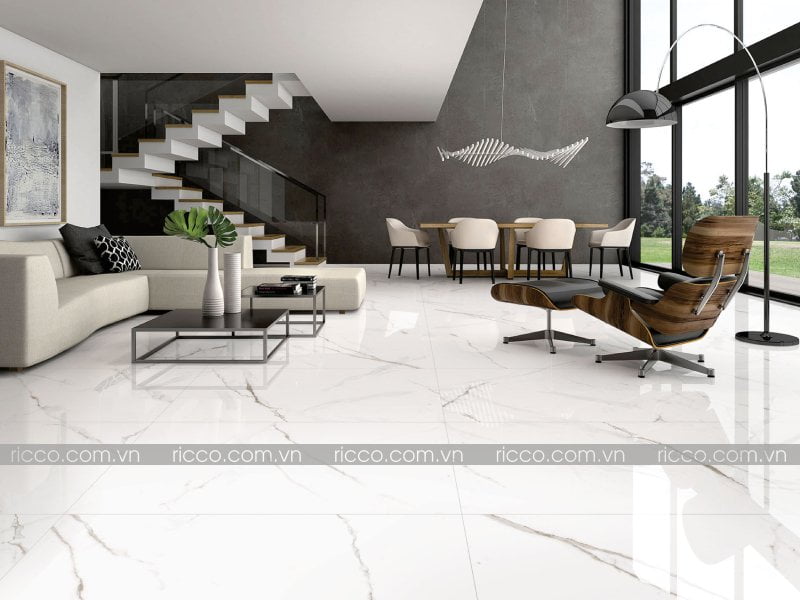 gạch lát nền phòng khách đẹp vân đá màu trắng