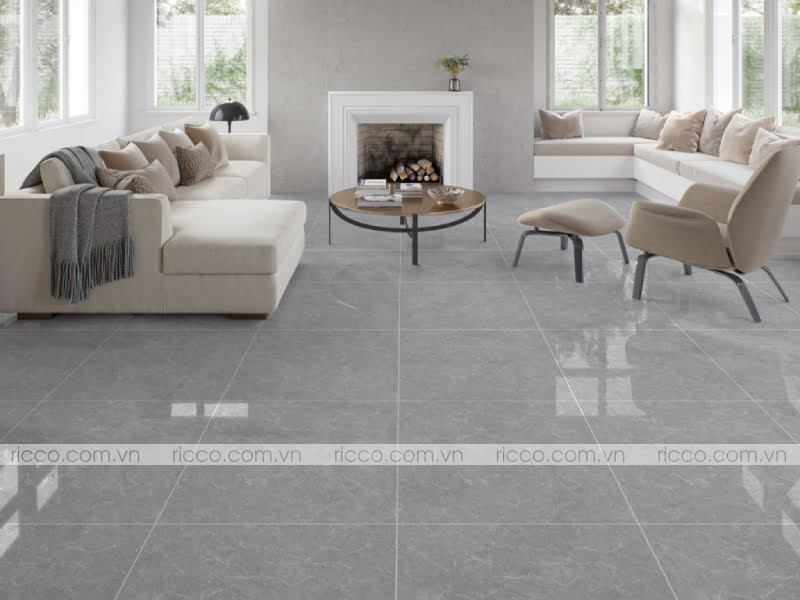 mẫu gạch lát nền phòng khách nhà ống màu xám vân đá men bóng