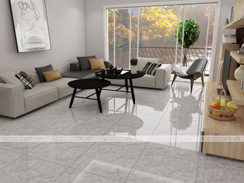 Gạch men bóng là sự lựa chọn lý tưởng cho không gian phòng khách nhà ống