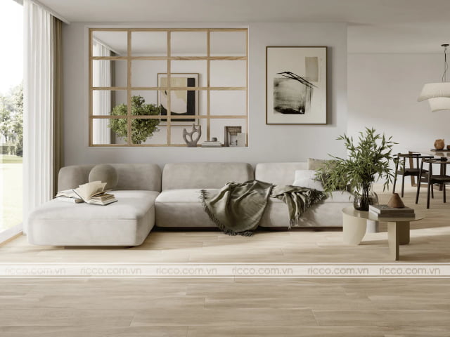 Trang trí phòng khách bằng gạch giả gỗ mang đến vẻ đẹp mộc mạc