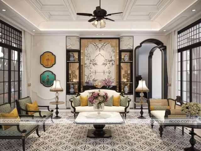 Gạch bông được sử dụng trang trí tại phòng khách Indochine