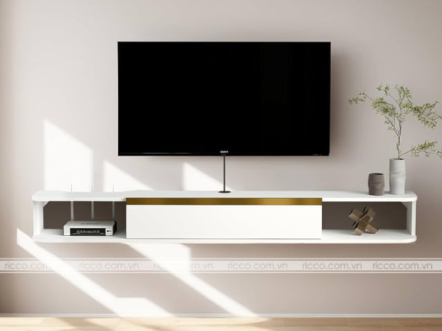 Mẫu kệ tivi đặt sàn màu trắng thanh lịch với ngăn tủ lớn tiện lợi