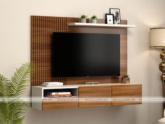 Mẫu kệ treo tường nhỏ gọn, phù hợp với các phòng khách diện tích nhỏ gọn