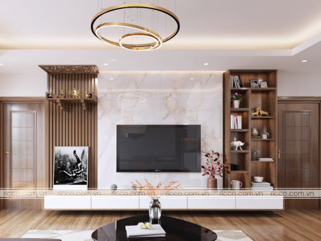 Không gian phòng khách thêm sang trọng hơn với sự xuất hiện của mẫu kệ tivi gỗ công nghiệp