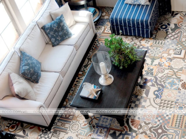 Gạch bông trang trí nền phòng khách