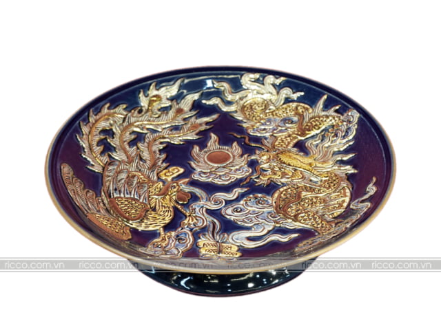 Sản phảm đĩa đựng ngũ quả họa tiết Long Phụng Xum Vầy men lam chàm cổ vẽ vàng