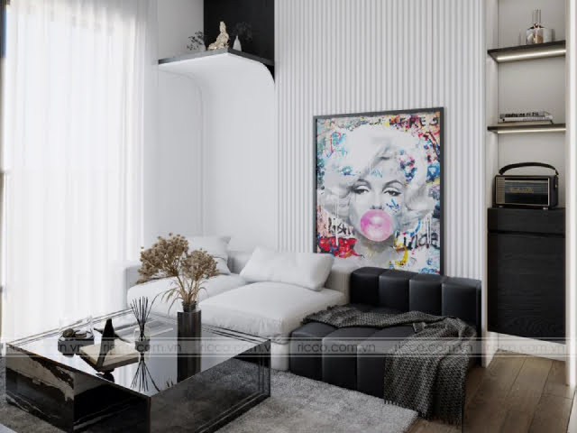 Không gian nội thất phòng khách chung cư 55m2 hiện đại nổi bật với 2 tone màu đen - trắng