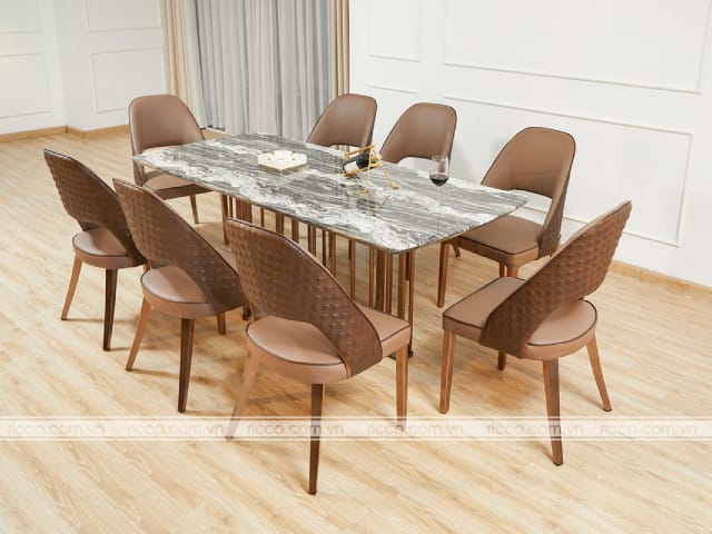 bộ bàn ăn 8 ghế gỗ bọc da