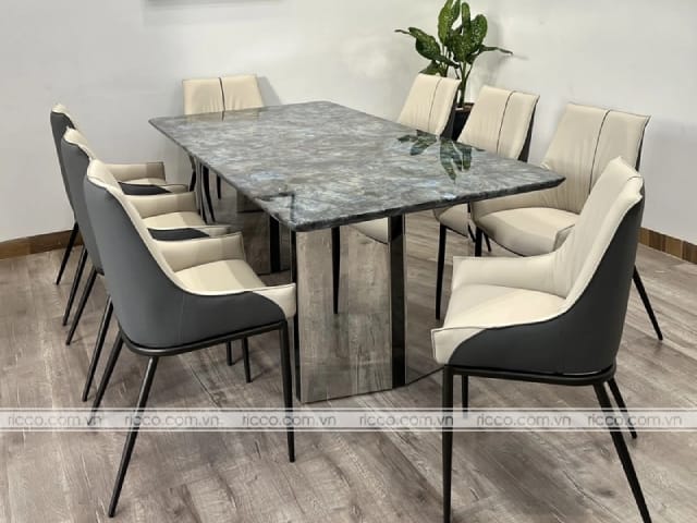 Bộ bàn ăn 8 ghế hình chữ nhật mặt đá đẹp hiện đại